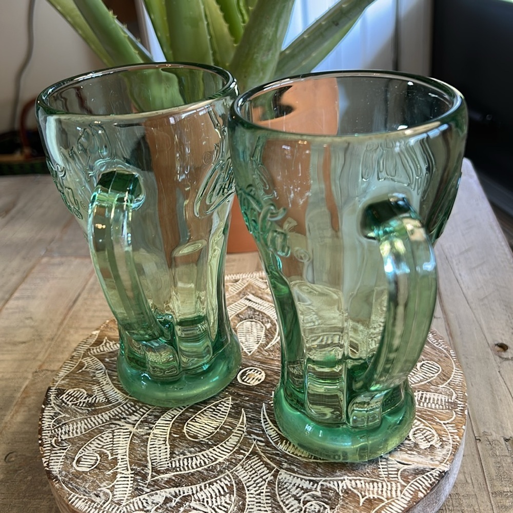 VINTAGE COCA COLA LIBBY GLASSES GREEN GLASS MUGS HEAVY WITH HANDLES SET OF 2 - Picture 7 of 7